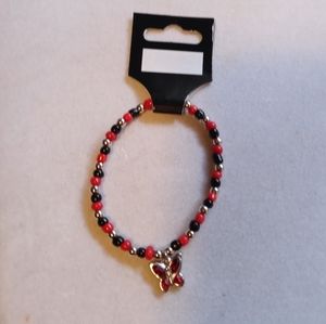 Red & Black Beaded Garnet Rhinestone Butterfly Bracelet with Silver Accents